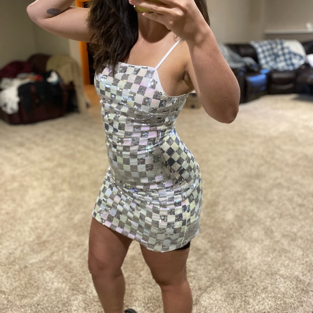 Pink Lilly Sequin Checkered Dress